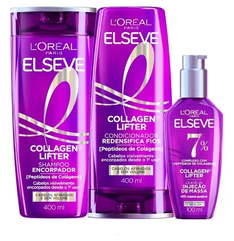 L'Oréal Paris Elseve Collagen Lifter Kit Shampoo, Condicionador e Sérum Leave-in com Peptídeos e Proteção Térmica para Cabelos Finos, Volume em 3D, 400ml + 400ml + 100ml