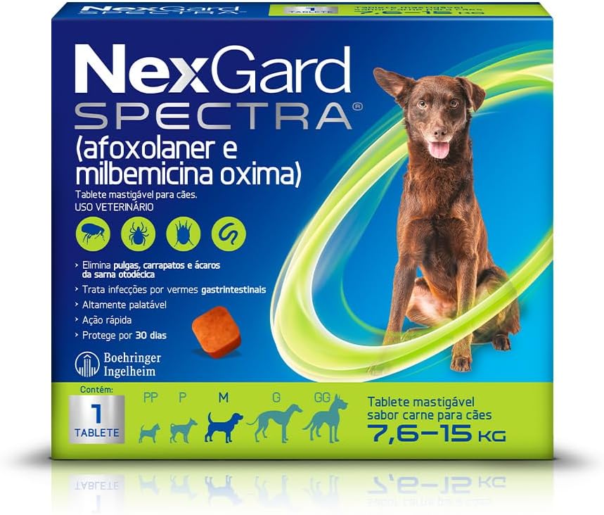 NexGard Spectra Antipulgas e Vermífugo para Cães de 7,6 a 15 kg - 1 Tablete Mastigável