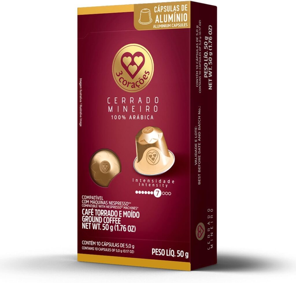3 Corações Cápsulas de Café Cerrado Mineiro, Compatíveis com Nespresso, contém 10 cápsulas